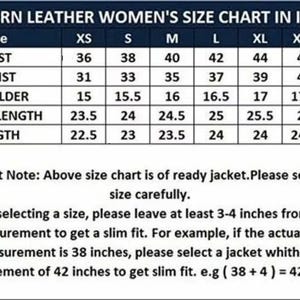 May include: A size chart for women's leather jackets in inches. The chart shows measurements for bust, waist, shoulder, sleeve length, and length in sizes XS to XXXL.