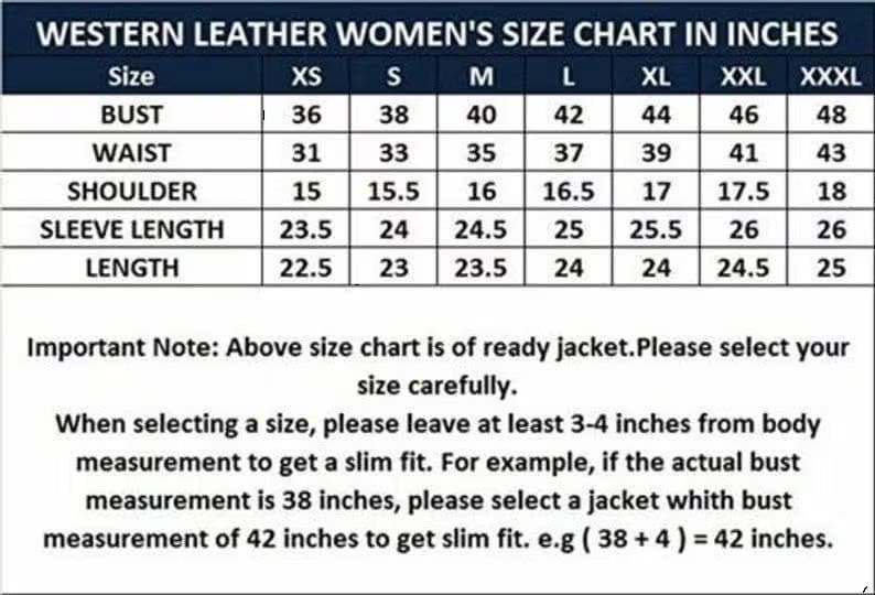 May include: A size chart for women's leather jackets in inches. The chart shows measurements for bust, waist, shoulder, sleeve length, and length in sizes XS to XXXL.