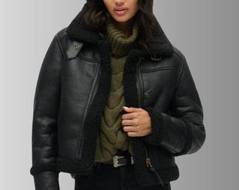 Chaqueta de piel de oveja auténtica para mujer con forro de borreguillo sintético – Estilo aviador corto