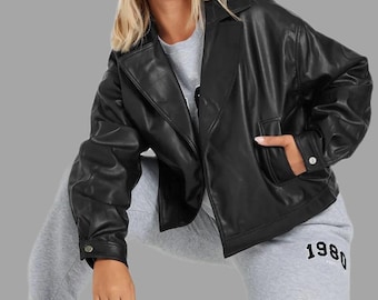 Handmade Black Cropped Sheepskin Leather Jacket