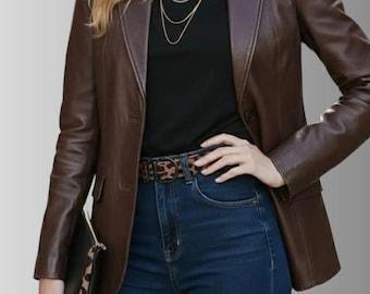 Handmade Brown Sheepskin Leather Blazer for Women | Real Leather Button Jacket
