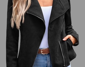 Handmade Women's Black Suede Leather Jacket - Stylish Moto Style