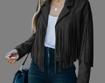 Women’s Black Suede Leather Fringe Jacket – Stylish Boho Western Look