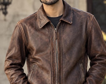 Men's Cowhide Leather Café Racer Jacket - Distressed Brown Vintage Biker Style