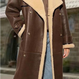 Women&#39;s Sheepskin Leather Long Coat | Faux Fur Trim Winter Outerwear