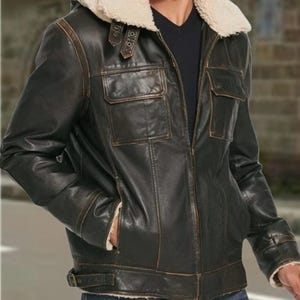 Men's Aviator Brown Hooded Jacket - Handmade with Genuine Leather & Faux Fur Lining