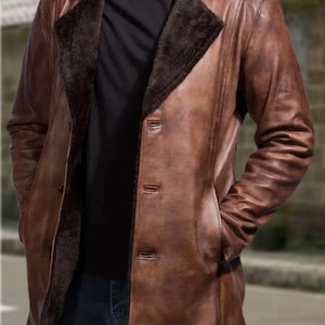 Men&#39;s Distressed Leather Fur Coat, Handmade Vintage Brown Leather Fur Coat, Original Leather Coat, Vintage Leather Jacket