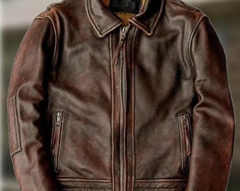 Giacca da uomo in pelle di vacchetta stile Café Racer - Marrone anticato stile motociclista vintage