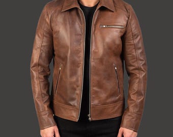 Brown Leather Biker Jacket for Men - Handmade with Original Sheepskin Leather