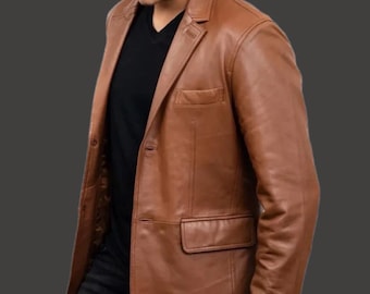 Classic Brown Leather Blazer Jacket for Men - Handmade with Original