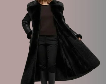 Handmade Black Sheepskin Leather Coat | Women's Faux Fur Lined Winter Outerwear