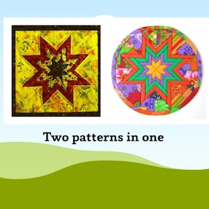 May include: Two fabric patchwork designs, one square and one round, both featuring a starburst pattern in shades of red, yellow, green, orange, and purple.
