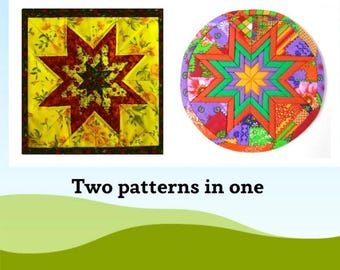 May include: Two fabric patchwork designs, one square and one round, both featuring a starburst pattern in shades of red, yellow, green, orange, and purple.