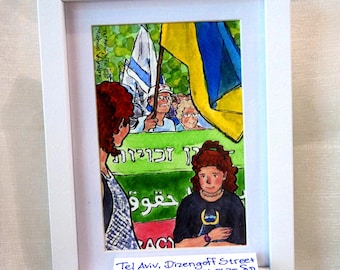 Ukrainian flag at Dizengoff Street — original ink and watercolour on paper (10x15 cm.) painting from Tel Aviv Jaffa