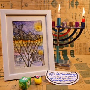 Jaffa, Jerusalem Boulevard, Hanukkah — original ink and watercolour on paper (10x15 cm.) painting from Tel Aviv Jaffa