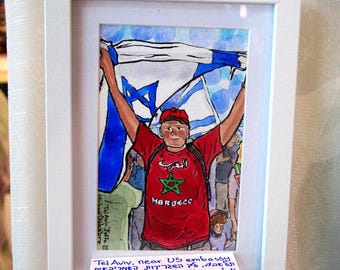 Moroccan and Israeli flags — original ink and watercolour on paper (10x15 cm.) painting from Tel Aviv Jaffa