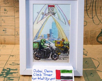 Deira Clock Tower — original ink and watercolour on paper (10x15 cm.) painting