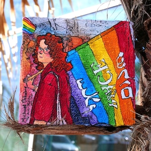 Bandeira da paz, Orgulho de Tel Aviv — pintura original em tinta e aquarela em caixa de papelão reciclado (13,5 x 12,8 x 4,7 cm).