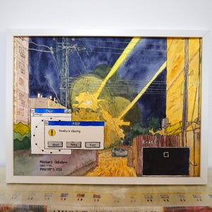 May include: Watercolor painting in a white frame depicting a nighttime cityscape with yellow streetlights and a car. The painting includes computer-style pop-up windows with the text "Reality is slipping" and "Abort, Retry, Fail". Signed "Michael Uekabre".