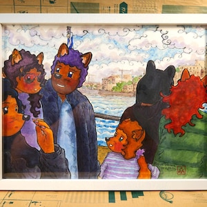 On a ship, by Jaffa port — original ink and watercolour on paper (29,7x40 cm.) painting from Tel Aviv Jaffa
