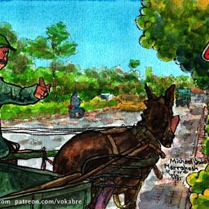 May include: A watercolor painting of a man in a green jacket and a cap, driving a donkey cart down a street in a town. The man is giving a thumbs up. There is a sign in the background that says "School Crossing".