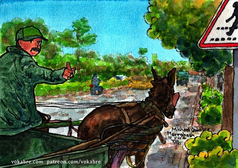 May include: A watercolor painting of a man in a green jacket and a cap, driving a donkey cart down a street in a town. The man is giving a thumbs up. There is a sign in the background that says "School Crossing".
