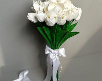 White Tulip Bridal Bouquet, Real Touch Wedding Flowers, Artificial Spring Bouquet, Elegant Bride Keepsake, Custom Ribbon Option