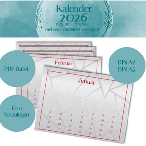 Calendar 2026, monthly calendar, 12, digital PDF, design yourself, template, to print, immediate download, book, DIY, blank, printable