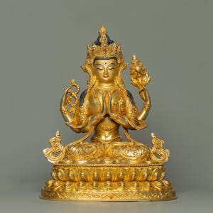 Handmade Chenrezig Statue, Avalokiteshvara, 24K Gold Gilded
