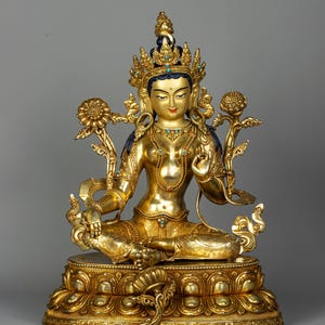 24K Gold Gilded Green Tara Statue I Beloved Buddhist Goddess of Compassion and Swift action