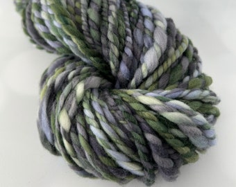 Handspun Bulky Yarn, purple blue gray, Spring Meadow, soft fine merino wool hand spun, two ply yarn