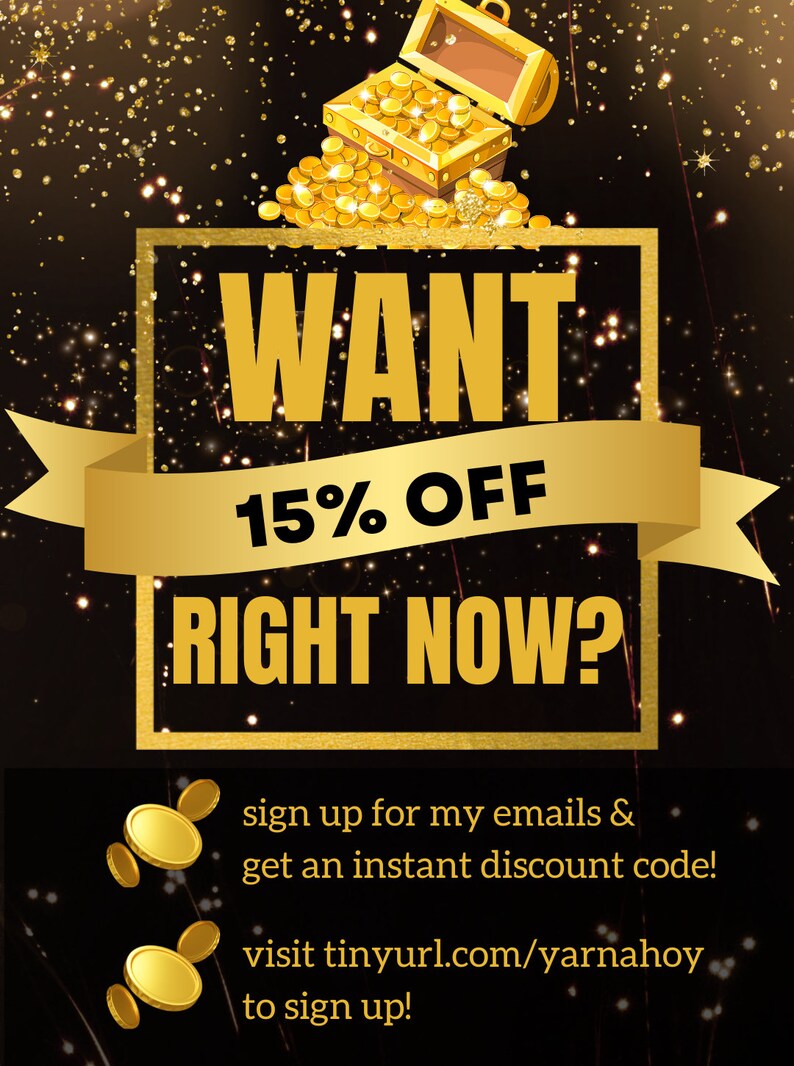 May include: A promotional graphic with a black background, gold accents, and the text "WANT 15% OFF RIGHT NOW?". A treasure chest overflowing with gold coins is at the top. The text encourages email sign-ups for a discount.