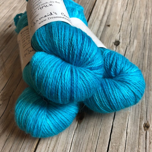 turquoise blue cashmere silk alpaca yarn, Hand Dyed DK Yarn, Mermaid's Curse, Treasured DK Luxe