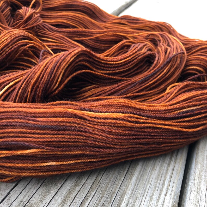 May include: Close-up of a skein of hand-dyed yarn in shades of brown, copper, and tan. The yarn is arranged in loose, flowing waves, showcasing the color variations. The texture of the yarn is visible, suggesting a soft, natural fiber. Ideal for knitting and crochet projects.