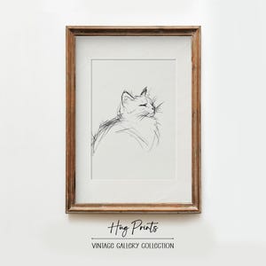 Dibujo minimalista de gato, boceto felino en blanco y negro, decoración de pared para habitación infantil, acogedora guardería para amantes de los animales, impresiones imprimibles con abrazos.