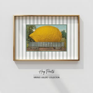 Stampa artistica di un treno di limoni d'epoca, poster divertente con collage di frutta retrò, decorazione murale surreale con ferrovia, stampabile in stile cartolina, decorazione da cucina Citron