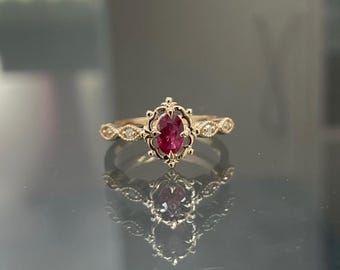 Vintage İnspiried Oval Ring 10K/14K/18K Solid Gold für Frauen/Natur Diamant und Rubin Einzigartige Braut Goldring/Verlobung und Hochzeit Rubin Ring