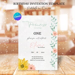 Convite de aniversário editável, convite floral, cartão de aniversário de bebê, cartão de aniversário floral, cartão digital