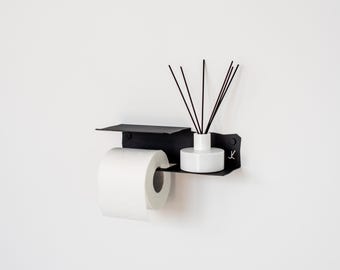 Toilet paper holder with a shelf for phone and air freshener, modern metal WC roll bracket made of a unique “MOUNTAIN” design collection.