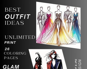 Fashion Coloring Book – Glam and Casual Styles, 26 Designs (PDF and JPG)