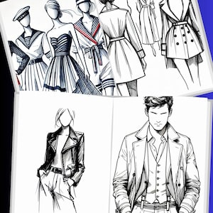 May include: A sketchbook with fashion illustrations of people wearing different outfits. The illustrations are drawn in black ink and feature a variety of styles, including a sailor outfit, a strapless dress, a long coat, and a leather jacket.