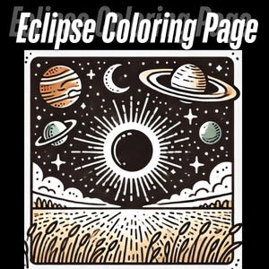 May include: A black and white line drawing of a solar eclipse with planets and stars in the background. The eclipse is in the center of the image, with a field of grass in the foreground.