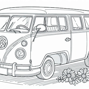 Peut inclure: Un dessin au trait noir et blanc d'une camionnette Volkswagen vintage avec un arrangement floral devant.