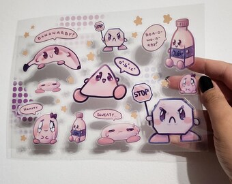 Kirby Sticker Sheet Sad Hamster, Pythagoras, Bottle of water, Banana, Sweaty