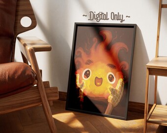CALCIFER being held by mittens cute and kawaii digital handmade poster download artwork multiple sizes