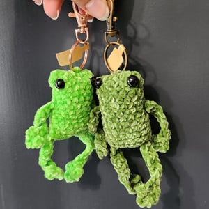 May include: Two green plush frog keychains with black eyes and bronze-colored clasps. The frogs are made of a soft, textured material. Each keychain has a small, blank tag attached.