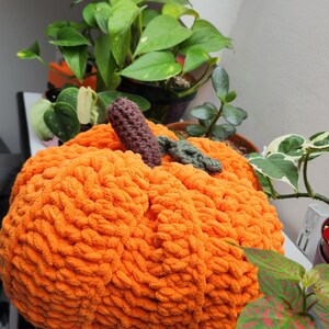 May include: A large, round, orange crochet pumpkin with a brown stem and green vine detail. The plush pumpkin is a decorative item, perfect for fall or Halloween. The pumpkin is sitting on a white surface, with green plants in the background.