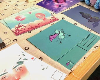 Alien landscape, Mr. Serotonin, Cat Skywars Island, and Mrs. Nature Postcards