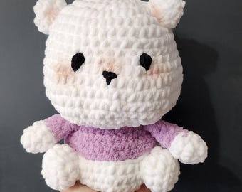 Big White Heavy Soft Teddy Bear with Floppy Arms and Purple T-shirt Rosy Cheeks Friendly Face Wobbly Body Desk Pet Period Comforter Gift