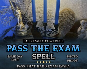 May include: A blue candle magic spell kit for passing an exam. The kit includes three blue candles, a candle holder, and a pentagram. The text on the image reads "Extremely Powerful Pass The Exam Spell Same Day Cast Photo Proof Pass That Hard Exam Easily".
